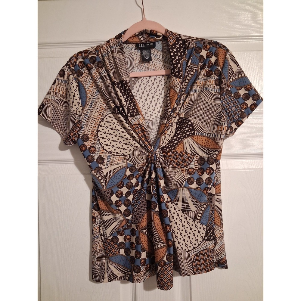Y2K Geometric Print Knot Front Top M Brown Blue Collared Boho Stretch Blouse - Picture 2 of 9